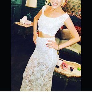 White lace crop top and skirt matching set